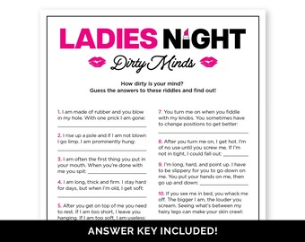 Ladies Night Dirty Minds, jeu imprimable pour une soirée entre filles, jeu Dirty Minds pour adultes, devinettes sales pour femmes, jeu de société coquine.