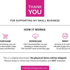 Puede incluir: Gracias por apoyar mi peque&ntilde;o negocio. Esta descarga digital incluye instrucciones sobre c&oacute;mo comprar, descargar e imprimir archivos imprimibles. El texto indica que los imprimibles no son editables.