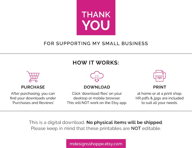Puede incluir: Gracias por apoyar mi peque&ntilde;o negocio. Esta descarga digital incluye instrucciones sobre c&oacute;mo comprar, descargar e imprimir archivos imprimibles. El texto indica que los imprimibles no son editables.