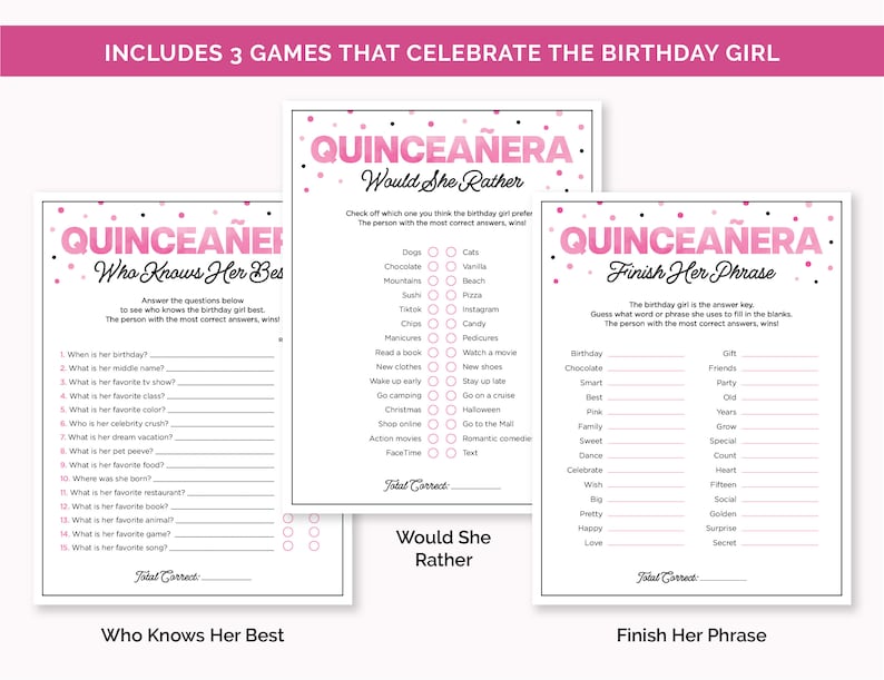 Quinceañera Games for Girls, Printable 15th Birthday Game Bundle, Pink