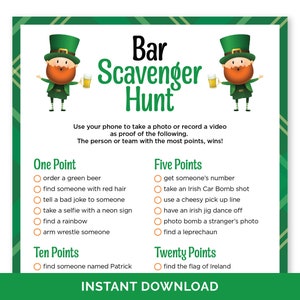 May include: A printable St. Patrick's Day bar scavenger hunt game with a green background and illustrations of leprechauns. The game includes a list of tasks to complete, with points awarded for each task. The tasks include finding someone with red hair, ordering a green beer, taking a selfie with a neon sign, and finding a leprechaun.