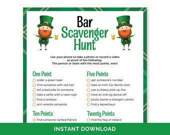 St. Patrick's Day Bar Scavenger Hunt, Printable St. Paddy's Day Bar Game for Adults, St. Patrick's Day Challenge, Bar Photo Scavenger Hunt.