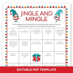 Bewerkbare jingle- en minglebingo, leuk ijsbrekerspel voor een kerstfeestje, kerstbingospel Vind de gast, vind iemand die menselijke bingo is