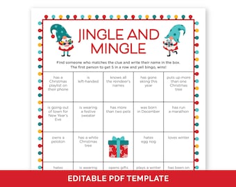 Bearbeitbarer Jingle und Mingle Bingo, lustiges Eisbrecher-Spiel für eine Weihnachtsfeier, Weihnachten finden das Gast-Bingo-Spiel, finden Sie jemanden, der menschliches Bingo hat