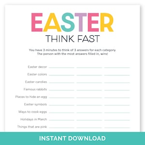 Easter Think Fast Game, Printable Quick Think Easter Party Game for Adults & Kids, Easter Classroom Activity, Homeschool Easter Word Game.