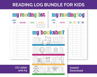 Reading Log for Kids, Printable Bookshelf Reading Tracker, Reading List & Reading Log for a Kids Reading Challenge, Homeschool Book Log
