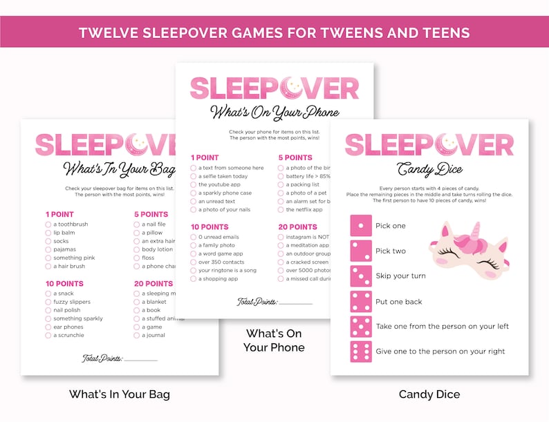 Sleepover Birthday Party Games, Printable Games Bundle for a Slumber