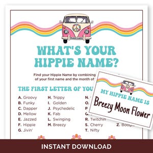 ¿Cuál es tu nombre hippie?, Juego de fiesta hippie de los años 60 para imprimir, Juego generador de nombres hippies y etiquetas con nombres, Juego de cumpleaños hippie de los años 60.