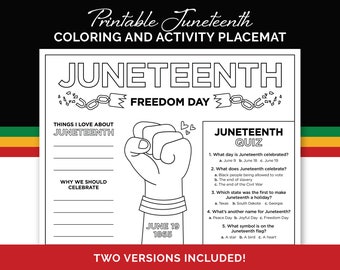Juneteenth Kids Coloring and Activities Page, Printable Kids Activity Placemat for Juneteenth Celebration Party at Home or in the Classroom
