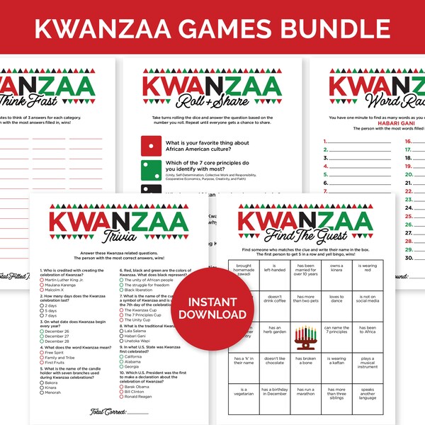 Kwanzaa Games for Kids and Adults, Printable Games Bundle for a Family Kwanzaa Celebration, Classroom & Homeschool Kwanzaa Party Activities.