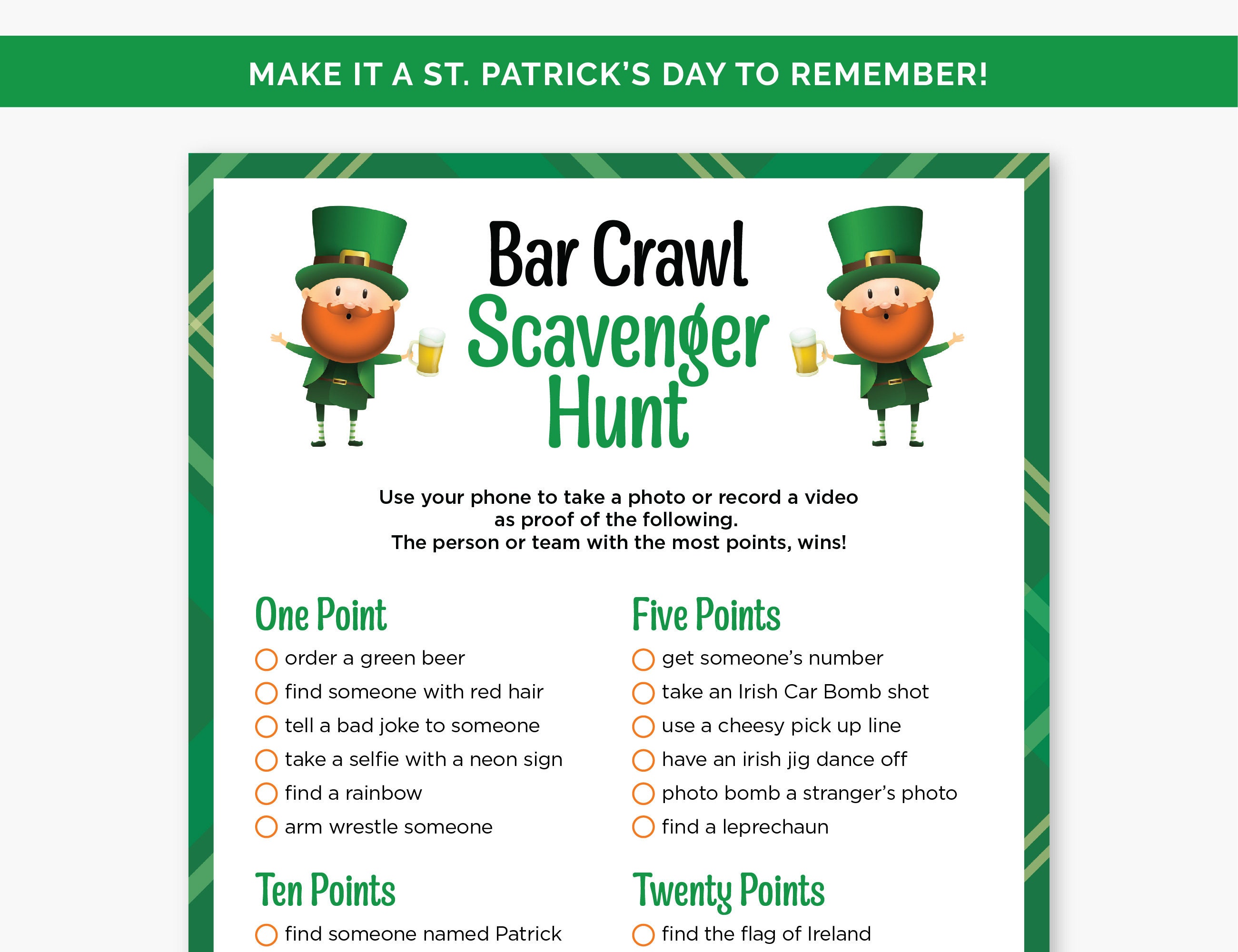 St. Patrick's Day Bar Crawl Scavenger Hunt, Printable St. Paddy's Day ...