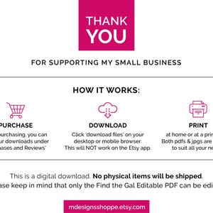 May include: A digital download graphic with the text "THANK YOU" in a pink box. Below, it reads "FOR SUPPORTING MY SMALL BUSINESS." Instructions for purchase, download, and print are included. The Etsy shop URL is also displayed.