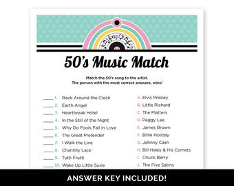 Juego de trivia musical de los años 50, concurso de combinación de música de los años 50 para una fiesta temática de los años 50, juego de regreso a la fiesta de cumpleaños de los años 50.