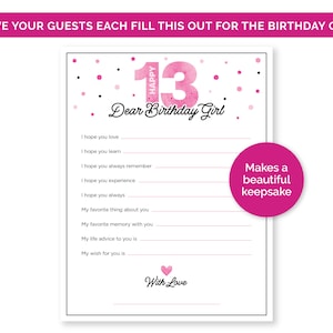 Puede incluir: Tarjeta imprimible rosa y blanca con el n&uacute;mero 13 y el texto "Feliz cumplea&ntilde;os". La tarjeta tiene un espacio para que los invitados escriban mensajes para la cumplea&ntilde;era.