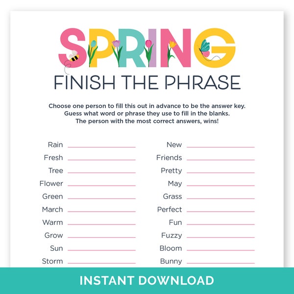 Spring Finish The Phrase, Printable Spring Party Game for Kids & Adults, Spring Classroom Activity, Finish My Phrase Homeschool Word Game