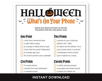 Halloween-spel wat er op je telefoon staat, afdrukbare telefoonspeurtocht voor een Halloween-feest, groepsspel op kantoor voor tieners en volwassenen