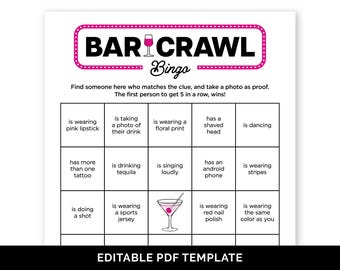 Editable Bar Crawl Bingo Game, Printable Find Someone Who Bar Hopping Game for a Birthday Bar Crawl, Fun Bar Game for a Girls Night Out.