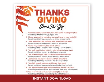 Thanksgiving Pass The Gift Game, Printable Pass The Present Thanksgiving Game, Thanksgiving Party Icebreaker Activity for Adults & Kids.