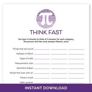 Pi Day Think Fast, Printable Quick Think Pi Day Party Game for Adults & Kids, Pi Day Math Classroom Activity, Homeschool Pi Day Word Game.