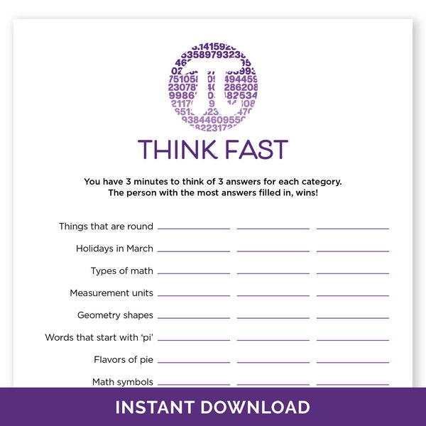 Pi Day Think Fast, Printable Quick Think Pi Day Party Game for Adults & Kids, Pi Day Math Classroom Activity, Homeschool Pi Day Word Game.