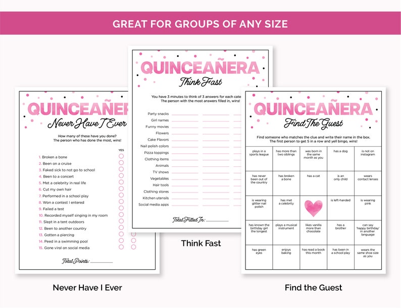 Quinceañera Games for Girls, Printable 15th Birthday Game Bundle, Pink