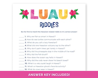 Luau Riddles, Riddle Me This Game for a Tiki Party, Tropical Birthday Game, Luau Jokes for a Hawaiian Theme Party, Aloha Summer Party Game