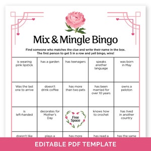 Editable Mother&#39;s Day Find the Guest Bingo, Icebreaker Game for a Mother&#39;s Day Party, Find Someone Who Human Bingo, Mix & Mingle Bingo Game.
