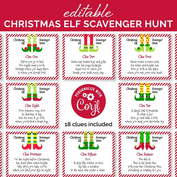 Editable Christmas Scavenger Hunt for kids, Fun Indoor Elf Treasure Hunt with 18 Rhyming Clues, Christmas Elf Game, Kids Christmas Activity