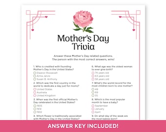 Mother's Day Trivia Game, Printable Mother's Day Quiz for Adults & Teens, Mother's Day Trivia Questions with Answers, Mothers Day Party Game