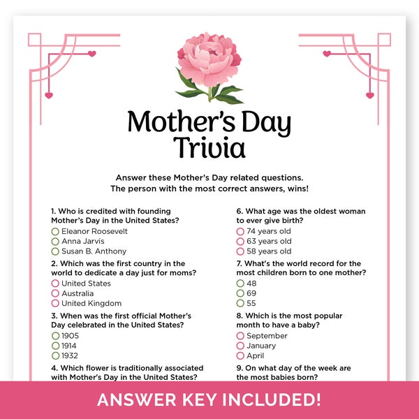 Mother's Day Trivia Game, Printable Mother's Day Quiz for Adults & Teens, Mother's Day Trivia Questions with Answers, Mothers Day Party Game