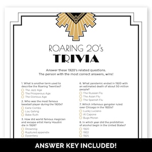 Op de afbeelding: Een printbaar Roaring 20's trivia-spel met zwart en goud art deco-ontwerp. Het spel bevat acht trivia-vragen over de jaren 1920, met meerkeuzevragen.