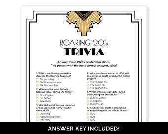 Juego de trivia de los años 20, cuestionario imprimible con respuestas para una fiesta de los locos años 20, trivia de los años 20 para un cumpleaños número 100 o una fiesta de El Gran Gatsby.