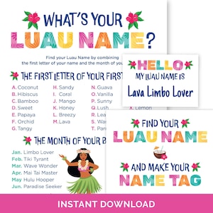 What&#39;s Your Luau Name, Luau Name Generator Game & Name Tags for a Hawaiian Theme Tiki Party, Luau Party Sign for a Tropical Birthday Party.