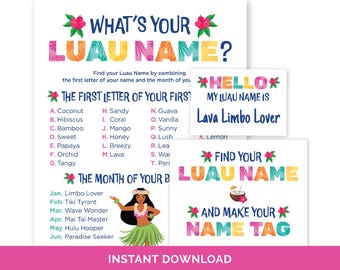 What's Your Luau Name, Luau Name Generator Game & Name Tags for a Hawaiian Theme Tiki Party, Luau Party Sign for a Tropical Birthday Party.