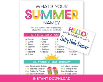 Whats Your Summer Name, Summer Name Generator Game & Name Tags for a Pool or Beach Party, Summer Birthday Party Game, Summer Camp Icebreaker