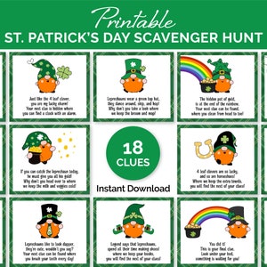 St. Patrick&#39;s Day Scavenger Hunt for Kids, Printable Leprechaun Gnome Treasure Hunt with Rhyming Clues Cards, Indoor St. Patrick&#39;s Day Game.
