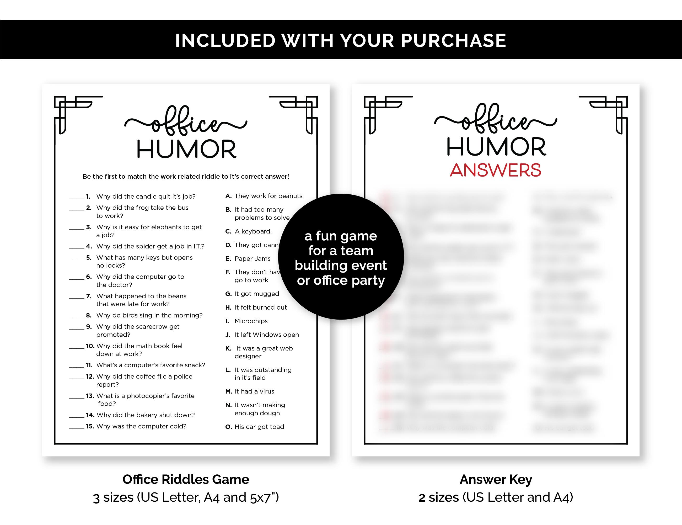 Office Humor Game, Printable Riddles for a Work Party, Workplace Jokes ...