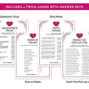 May include: Four trivia games with answer keys. The games include Galentine's Trivia, Dirty Minds, Porn or Polish, and Finish The Pick-Up Line. Each game has a pink heart graphic at the top. The text "Includes 4 Trivia Games With Answer Keys" is at the top.