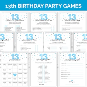Blue 13th Birthday Party Games, Printable Thirteenth Birthday Games with Birthday Girl Trivia Games, Teen and Tween Girl Party Activities