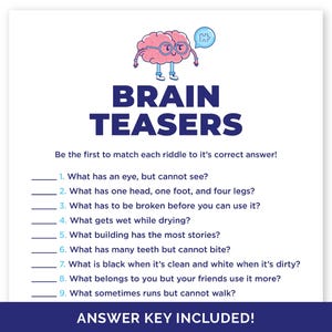 May include: A white paper with the title "BRAIN TEASERS" in blue text, featuring a cartoon brain wearing glasses. The paper includes a list of riddles with numbered blanks for answers, and the text "ANSWER KEY INCLUDED!" at the bottom.