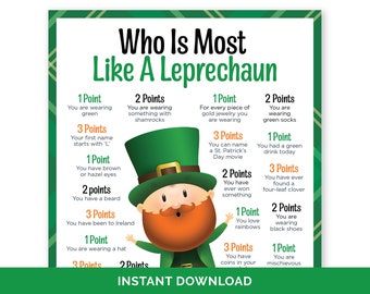Who Is Most Like A Leprechaun, Printable St. Patricks Day Game for Adults & Kids, St. Paddys Classroom Activity, Leprechaun Game for Seniors