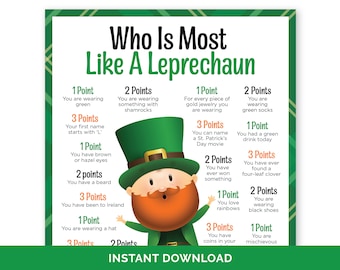 Who Is Most Like A Leprechaun, Printable St. Patricks Day Game for Adults & Kids, St. Paddys Classroom Activity, Leprechaun Game for Seniors