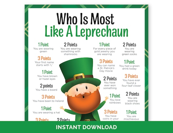 Who Is Most Like A Leprechaun, Printable St. Patricks Day Game for Adults & Kids, St. Paddys Classroom Activity, Leprechaun Game for Seniors