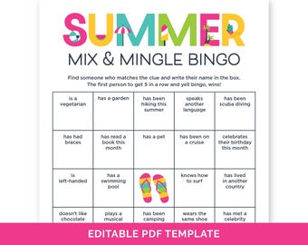 Editable Summer Mix & Mingle Bingo, Summer Beach Party Icebreaker Activity, Find Someone Who Human Bingo, Find The Guest Pool Party Game.