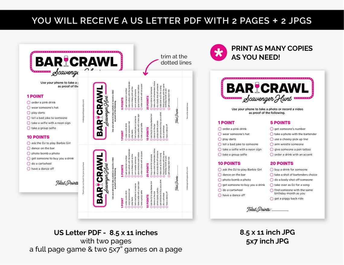 Bar Crawl Scavenger Hunt, Printable Bar Hopping Game for a Birthday Bar