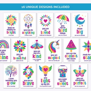 May include: A set of 16 colorful printable cards with positive affirmations for kids. Each card features a different illustration and a message like "You are loved", "You are magical", and "Reach for the stars".