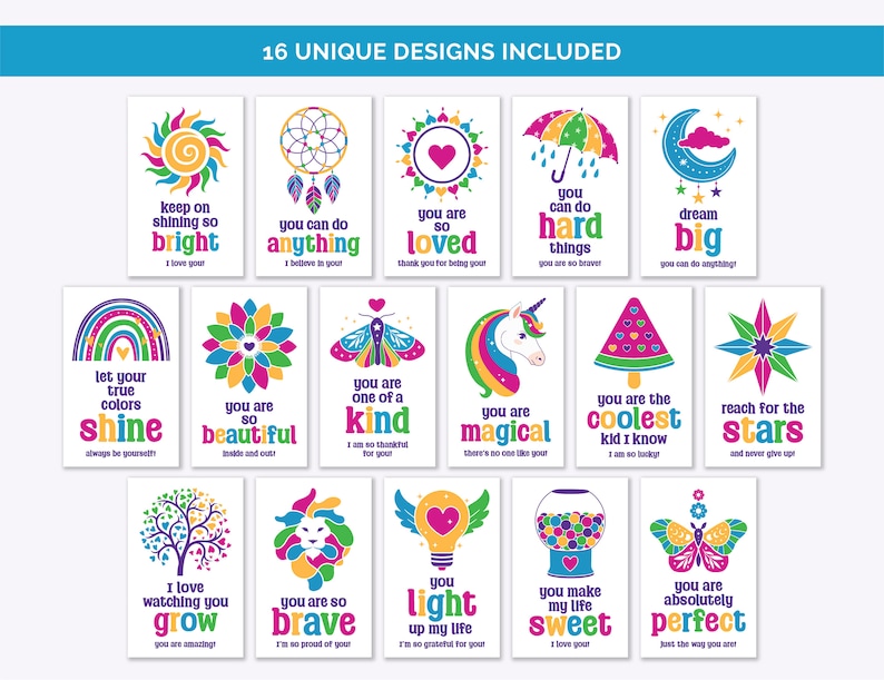 May include: A set of 16 colorful printable cards with positive affirmations for kids. Each card features a different illustration and a message like "You are loved", "You are magical", and "Reach for the stars".