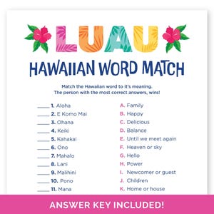 Luau Hawaiian Word Match Up, Hawaii Trivia for a Tiki Party, Tropical Birthday Party Game, Aloha Summer Party Game, Luau Word Matching Game.