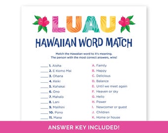 Luau Hawaiian Word Match Up, Hawaii Trivia for a Tiki Party, Tropical Birthday Party Game, Aloha Summer Party Game, Luau Word Matching Game.