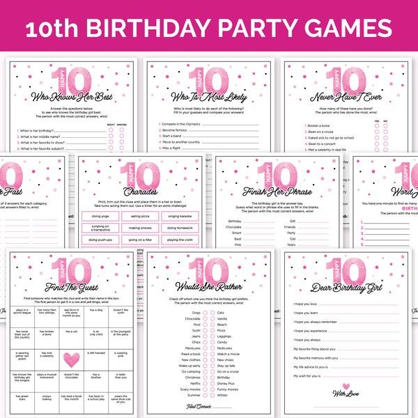 10th Birthday Party Games, Printable Tenth Birthday Game Bundle with Birthday Girl Trivia, Tween Activities for a 10-Year-Old Girls Birthday